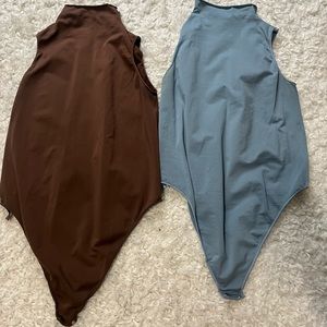 2 SKIMS Bundle Brown and Blue Essential Mock-Neck Bodysuits